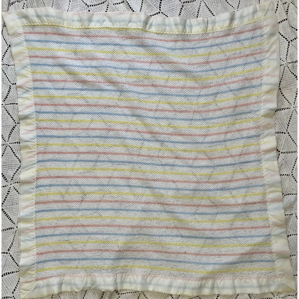 Vintage Baby Blanket Pastel Stripe Waffle Knit Satin Trim 40x40 Soft Gift Unisex
